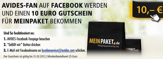 10€ MeinPaket Gutschein (MBW: 25€) über Avides und facebook