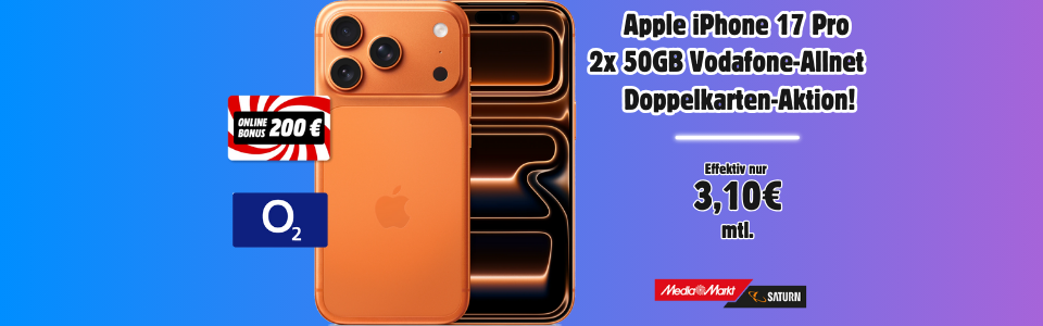 Apple iPhone 17 Pro 🤩 mit 2x 50GB Vodafone-Allnet für effektiv 3,10€ mtl. 🚀 – Doppelkarten-Aktion!