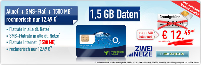 Mobilcom-debitel o2 real Allnet für 12,49€ im Monat - mit 1,5GB Datenvolumen, Allnet und SMS-Flat