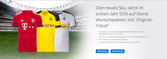 Sky: 50% Rabatt im ersten Jahre + gratis Bundesliga Trikot nach Wahl