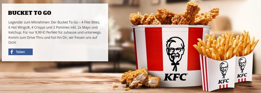 KFC Bucket to go für 10€ – 4x Filet Bits, 6x Hot Wings, 4x Crispys, 2x Pommes