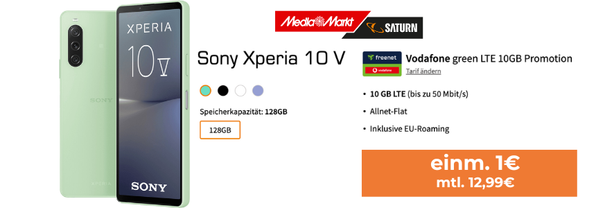 Nur 1€ Zuzahlung! Sony Xperia 10 V mit 10GB LTE Vodafone-Allnet für 12,99€/Monat 