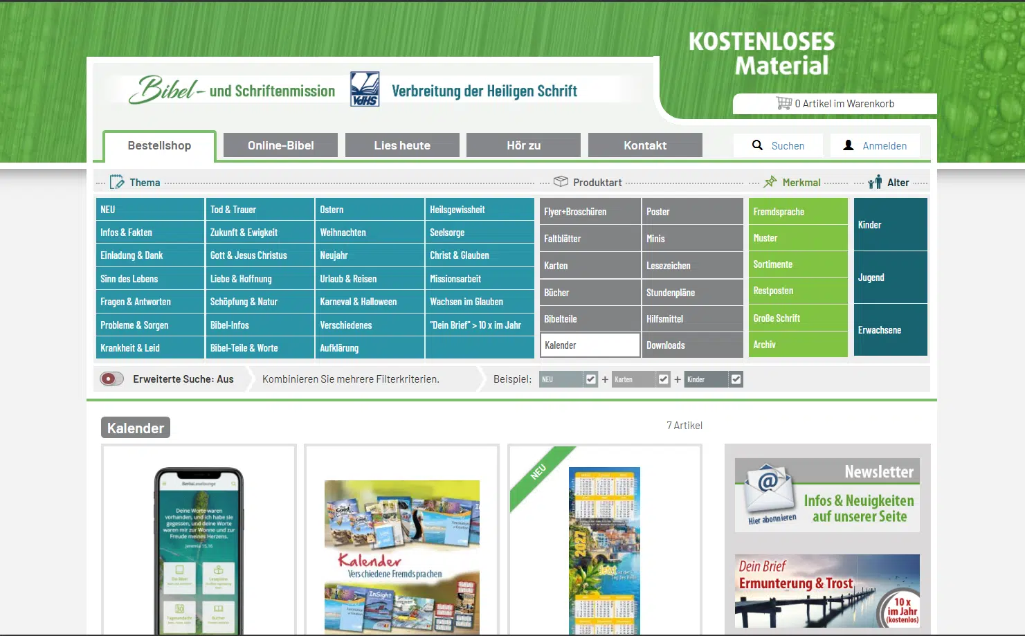 Gratis verschiedene Kalender, Postkarten , Lesezeichen, Stundenpläne, Notizblöcke uvm. bei der VDHS (Verbreitung der heiligen Schrift)