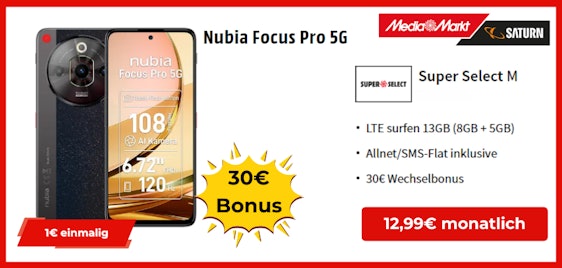 Nubia Focus Pro 5G für einmalig 1€ mit 13 GB LTE Super Select M für nur 12,99€ im Monat