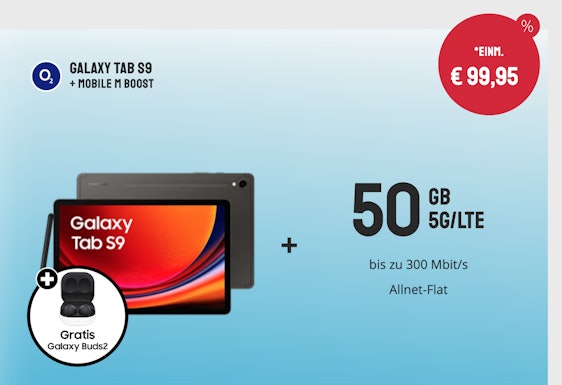 NEU! Samsung Galaxy Tab S9 (128GB, WiFi) für 99,95€ + o2 Mobile M Boost für 34,99€ - 50 GB 5G/LTE, Allnet- & SMS-Flat, inkl. Galaxy Buds2 & 100€ Wechselbonus