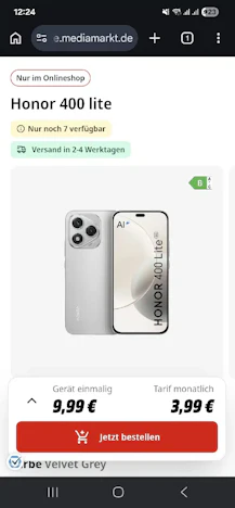 Honor 400 Smart (256GB) für 1€ + 6GB 5G/LTE Allnet für 3,99€/Monat (Super Select XS)