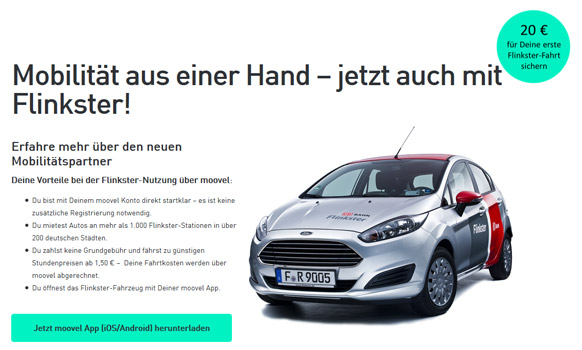 20€ Rabatt für eine Flinkster Fahrt über die moovel App - für car2go Kunden