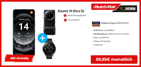 Wechselbonus sichern! 📲 Xiaomi 14 Ultra 5G für einmalig 49€ im 20GB Telekom-Tarif für 59,95€/Monat + Xiaomi Watch2