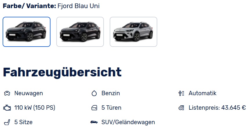 1749132002269 Cupra Formentor 1.5 eTSI MHEV 110kW DSG Finanzierung