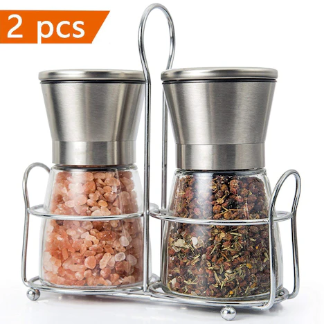 Salz und Pfeffermühle, WONSUN PfefferMühle Set mit einstellbarer Keramikmahlwerk, Edelstahl & Glas-Körper Set inklusive Halterung - 180ml 2x Pack