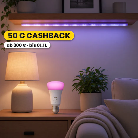 50 € Cashback auf Philips Hue: smarte Lampen, Lightstrips und Leuchten ab 2 Produkten und 300 € Einkauf (bis 01.11.)