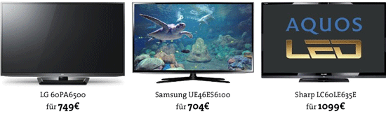 Media Markt TV Angebote - LG 60PA6500 für 749€, Samsung UE46ES6100 für 704€, Sharp LC-60LE635E für 1099€