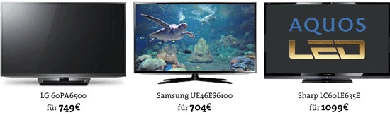 Media Markt TV Angebote - LG 60PA6500 für 749€, Samsung UE46ES6100 für 704€, Sharp LC-60LE635E für 1099€