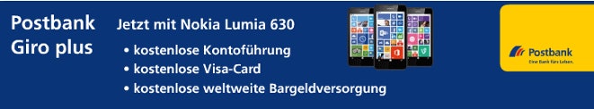 Kostenloses Postbank Giro Plus Konto bei Führung als Gehaltskonto - mit Nokia Lumia 630 als Prämie und dauerhaft beitragsfreier VISA Card schnaeppchenfuchs