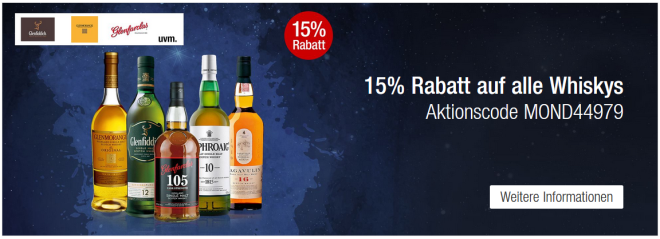 Mondscheinangebote bei Galeria Kaufhof: 15% Rabatt auf das gesamte Whiskey-Sortiment