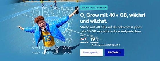 o2 Grow Young für 19,99€ im Monat - 40GB LTE/5G + 10GB pro Jahr on top, Allnet- & SMS-Flat, EU-Roaming