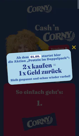 Ab 01.09.2026 Corny Cashback-Aktion: 2x Corny Protein kaufen = 1x Geld zurück