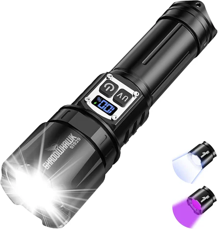 Shadowhawk Taschenlampe LED Aufladbar mit UV Schwarzlicht | Extrem Hell, 2 Schalter & Stufenlos Dimmbare Taktische