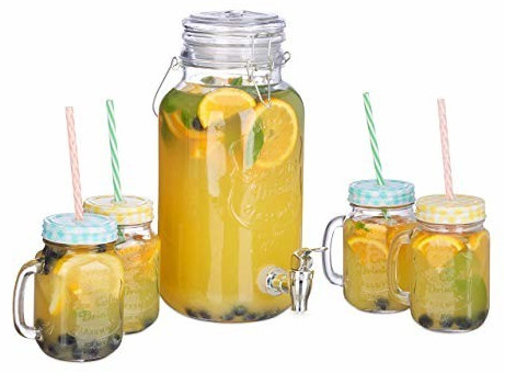 5,27€ auf Relaxdays klar Getränkespender Set, 4 l, 4 Gläser, Zapfhahn, Retro Saftspender Gastro mit Strohhalmen, Limonadenspender, Standard sparen