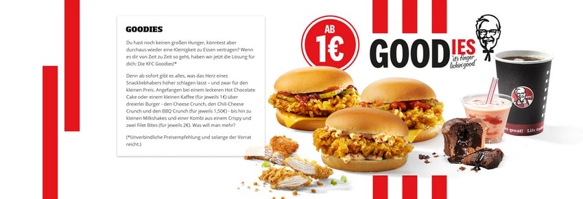 KFC Goodies » z. B. Chocolate Cake für 1€, Burger für 1,50€ oder Crispy und zwei Filet Bites für 2€