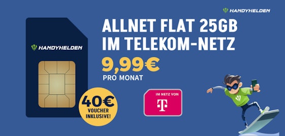 Jetzt mit 40€-Gutschein! 🤩 Telekom-Knaller bei Handyhelden » 25GB 5G Allnet-Flat für 9,99€ mtl. | auch monatlich kündbar