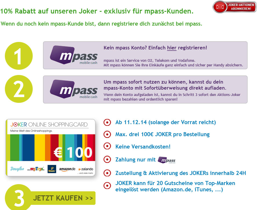 10% Rabatt auf Joker Shoppingcards für mPass-Kunden