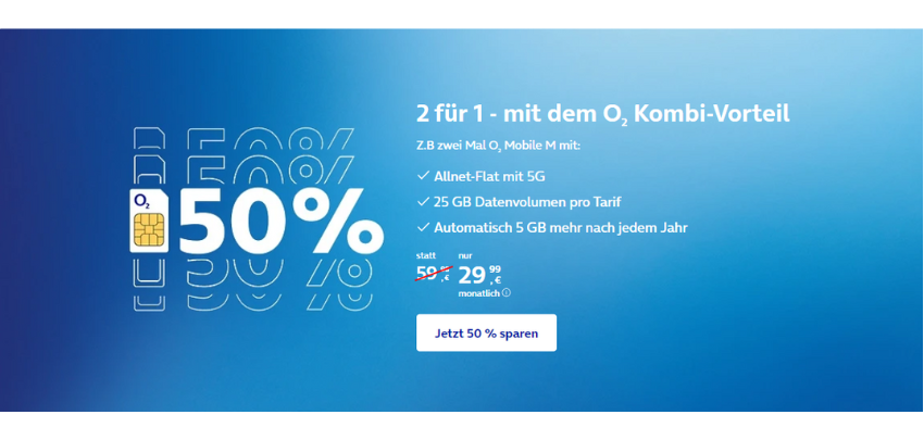 50% Kombi-Rabatt bei o2 » mind. 2 Tarife wählen, alle zum halben Preis erhalten 📱