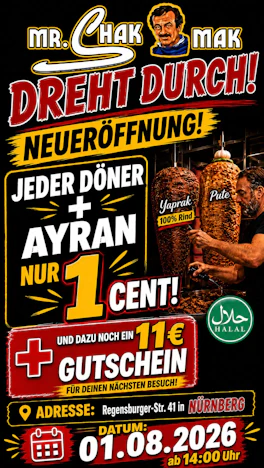 🔥 Neueröffnung Mr. Shak Mak Nürnberg – Döner + Ayran für nur 0,01 € + 11 € Gutschein