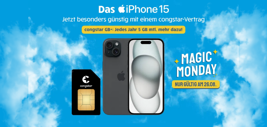Nur heute! Apple iPhone 15 mit 30GB Congstar Allnet-Flat für 22€ mtl. 