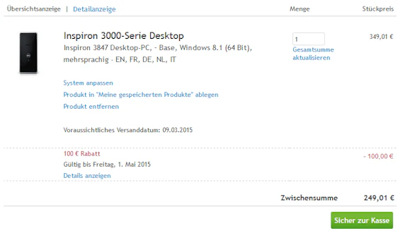 Dell Inspiron 3847 für 249€ - Desktop-PC mit Intel Pentium G3240 (2 x 3.1 GHz), USB 3.0, 4GB Ram, 1TB HDD, HD Graphics, WLAN und Win 8.1