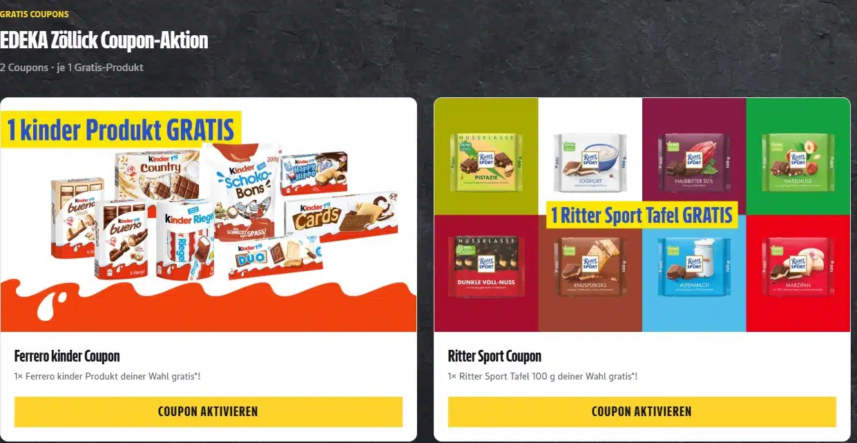 EDEKA Zöllick Coupon-Aktion (Rostock): Gratis 1 Kinder Produkt und 1 Tafel Ritter Sport