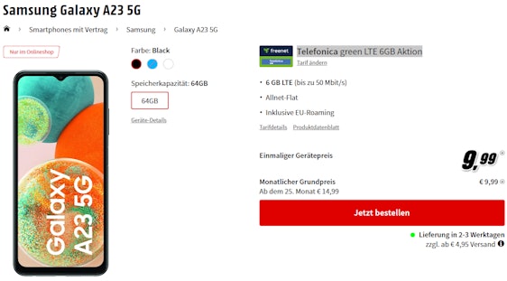 Unter 10€/Monat 💥 Samsung Galaxy A23 5G für einmalig 9,99€ im 6GB LTE o2 Tarif für 9,99€/Monat