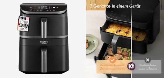 Cosori Airfryer für 140€ - 2 Kammern, 3 verschiedene Gerichte gleichzeitig, 10,8L Volumen