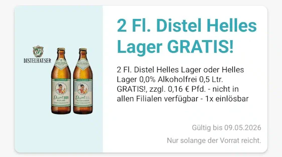 Gratis 2 Flaschen Distel Helles Lager in der Logo App