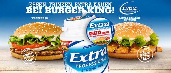 Gratis Burger King Little Grilled Chicken oder Whopper Junior auf Extra Professional Kaugummi Packungen