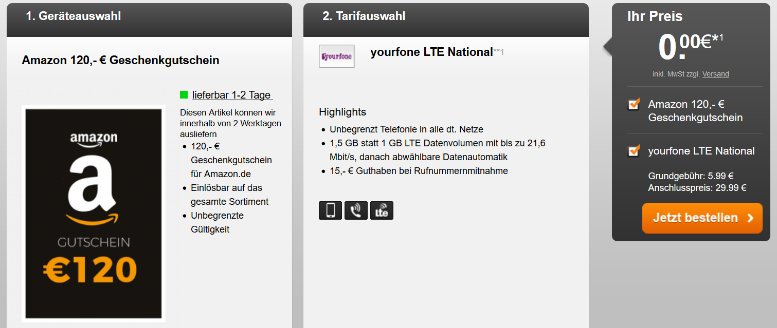 yourfone LTE National für 9€ im Monat + 120€ Amazon-Gutschein - 1,5GB LTE und Allnet-Flat im o2-Netz
