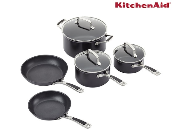 KitchenAid KC2H1S08KD für 109€ - 8-teiliges Kochgeschirr (3 Töpfe mit Deckel und 2 Pfannen), harteloxiert
