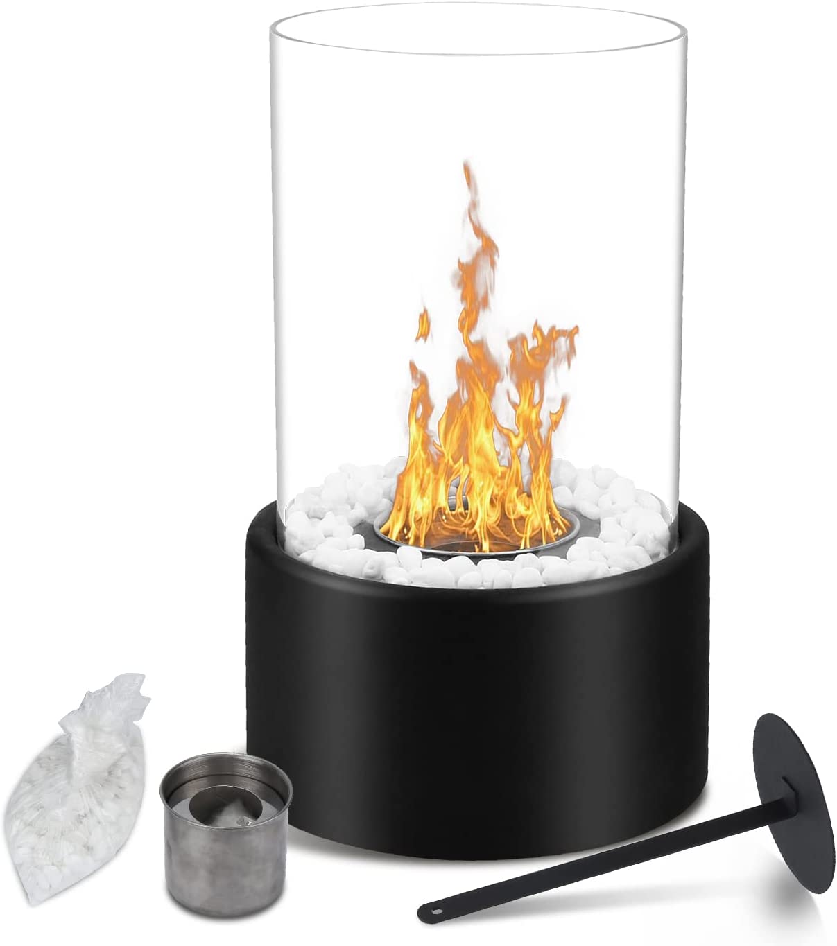 Lospitch Tischkamin-Tischfeuer mit Löschhilfe und Deko Steinen-Runder, freistehender