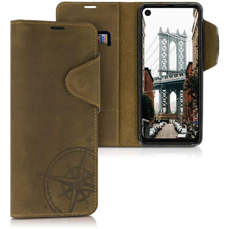kalibri Motorola One Vision Hülle - Leder Handyhülle für Motorola One Vision - Handy Wallet Case Cover - Kompass Vintage Design Braun mit 21% Ersparnis