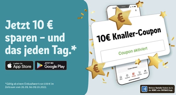 Täglich 10€ bei Rewe sparen ab einem Einkaufswert von 100€ - nur mit der Rewe-App (Coupon)