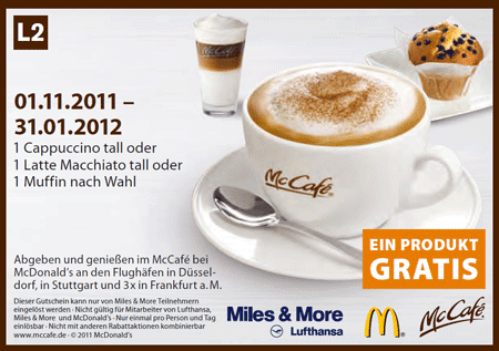 McDonalds am Flughafen - kostenloser Cappuccino, Latte Macchiato oder Muffin - Düsseldorf, Frankfurt, München, Stuttgart, Hannover