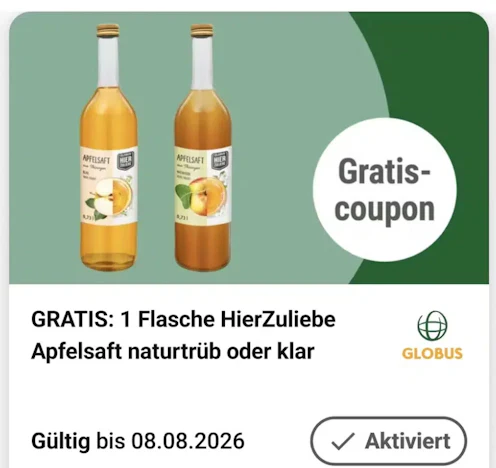 1 Flasche Gratis Apfelsaft naturtrüb/klar - Globus App