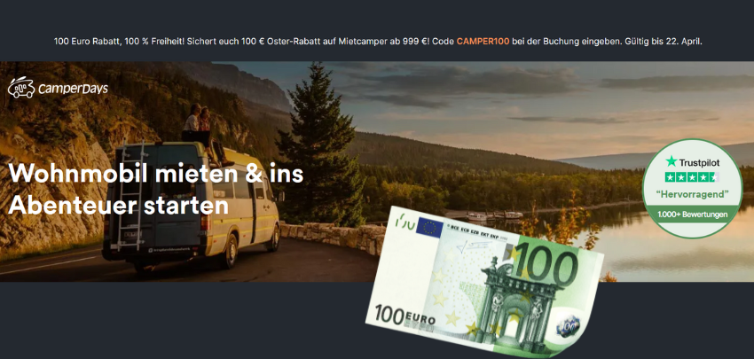 100€ Gutschein auf Camper-Reisen für 999€ - mit 700 Partnerstationen