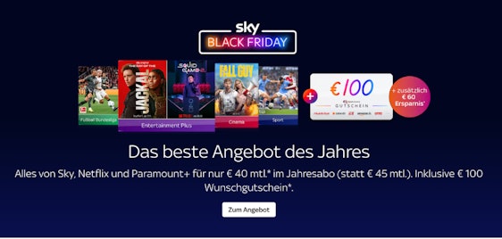 Black Friday bei Sky 🤩 Komplettpaket & Sportpakete stark reduziert + 100 Euro Gutschein