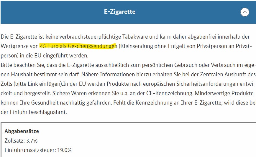 eZigarette_Zoll eZigarette_Zoll