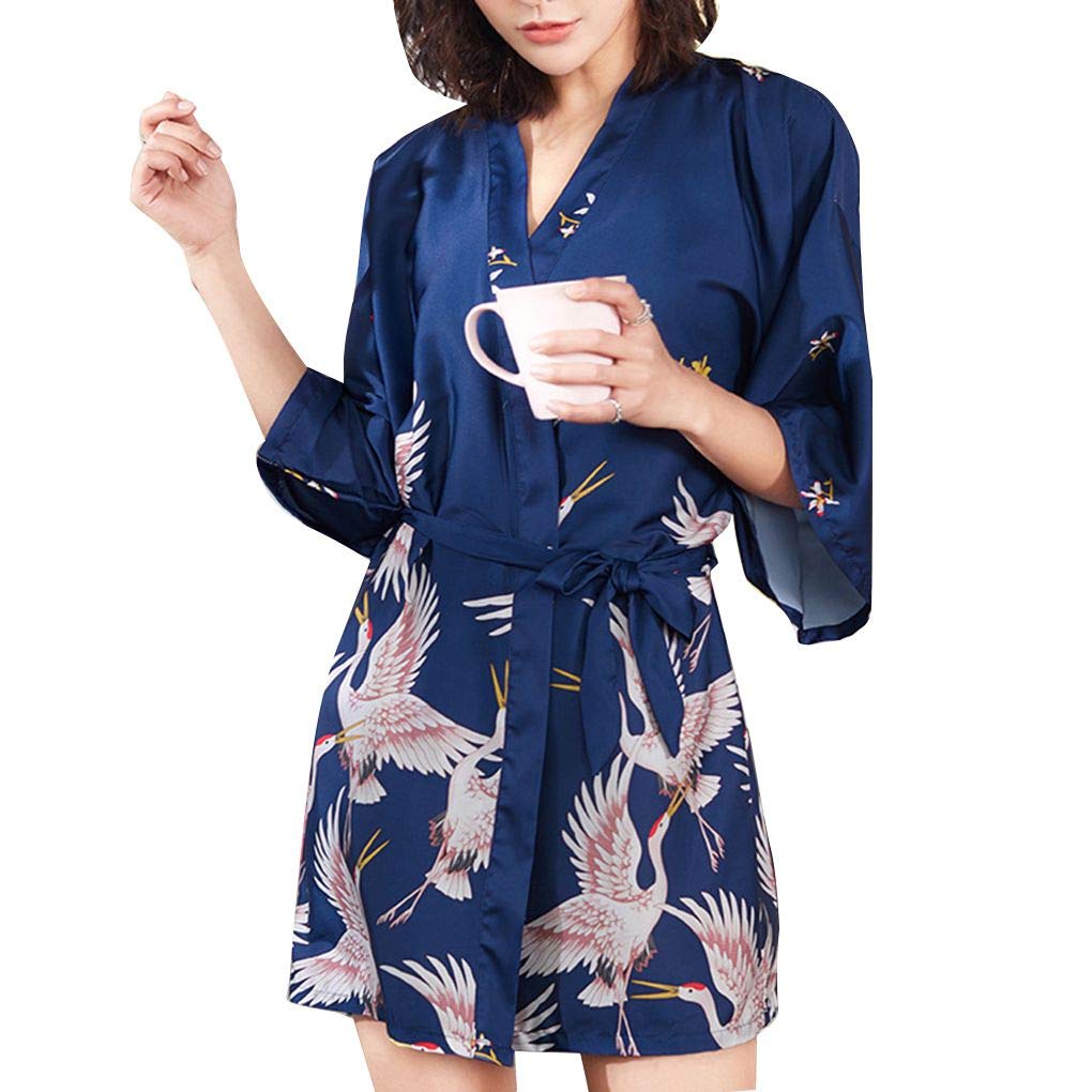 Morgenmantel Satin Bademantel Damen Kurze Kimono Robe Halbarm Frauen Reine Farbe des Nachthemd Druck Pyjamas mit V-Ausschnitt Sexy Nachtwäsche