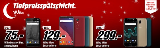 Wiko Tiefpreisspätschicht bei Media Markt - z. B. Wiko Lenny 4 Plus 16 GB Black Dual SIM für 79€