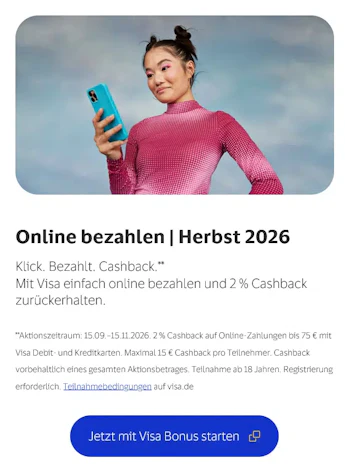 Mit Visa Debit & Kreditk: 2 % Cashback auf Onlinezahlungen bis 15.11.2026