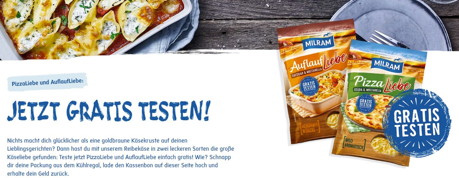 Gratis Milram Reibekäse - Probieraktion für 'PizzaLiebe' und 'AuflaufLiebe'