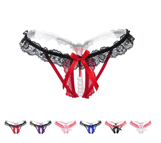 Sexy Women Low Waist Bowknot Beads Panties Lace Hollow G String Thongs Underwear